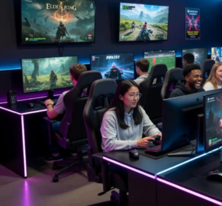 Moderne gaming lounge met schermen waarop SMARTPLAYTRACK zichtbaar is.