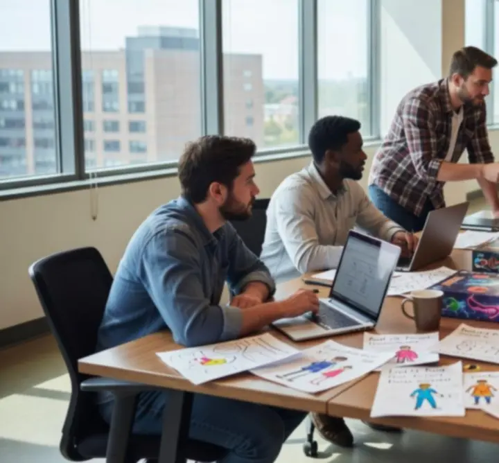 Team van SMARTPLAYTRACK dat samenwerkt in een moderne werkruimte
